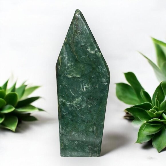 Polished Nephrite Jade XL Freeform Sculpture Green Charka Home Decor 10" Tall - Picture 1 of 16